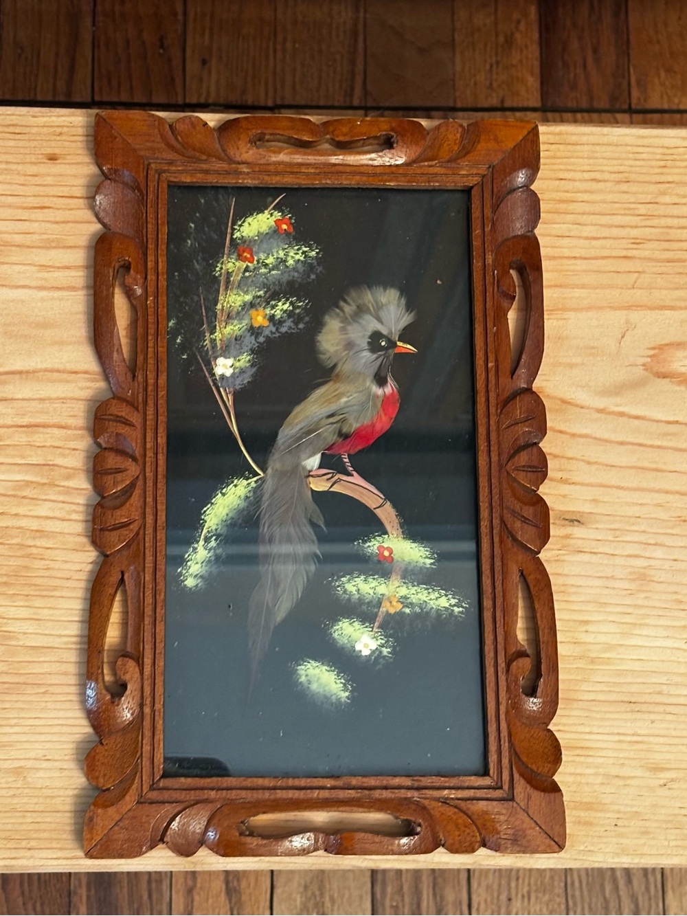 Handcrafted Mexican Feather Wooden Framed Bird Wall Art - Red and Gray Bird